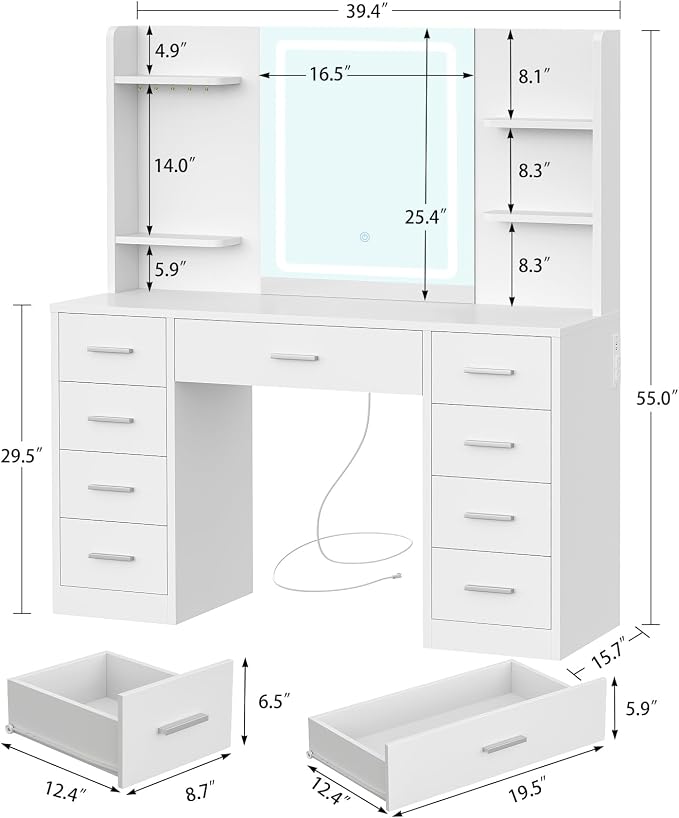 White 9 Drawers With Led