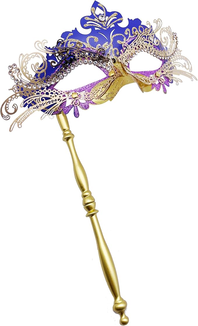 Masquerade Mask With Stick Gold+purple
