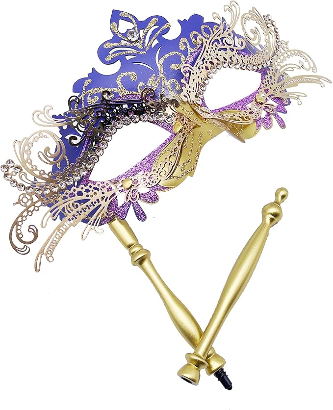Masquerade Mask With Stick Gold+purple