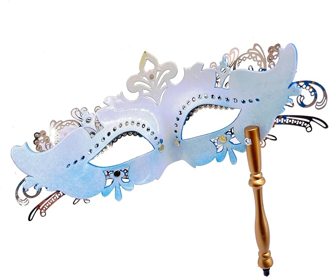 Masquerade Mask With Stick Blue+gold