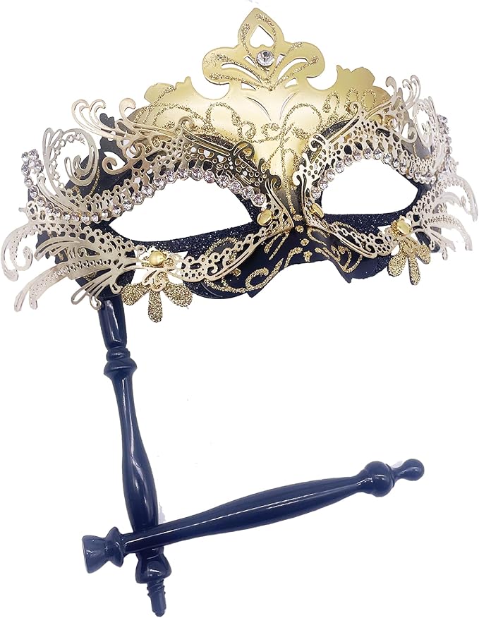 Masquerade Mask With Stick Black+gold
