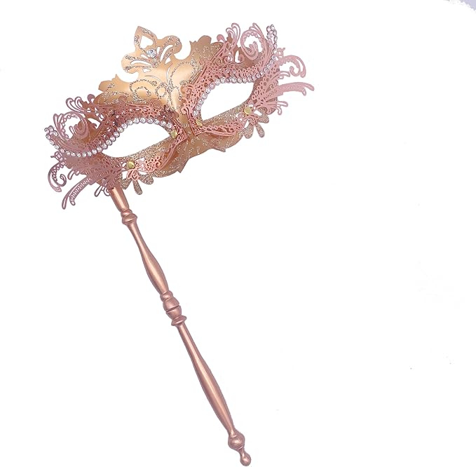 Masquerade Mask With Stick Rose Gold