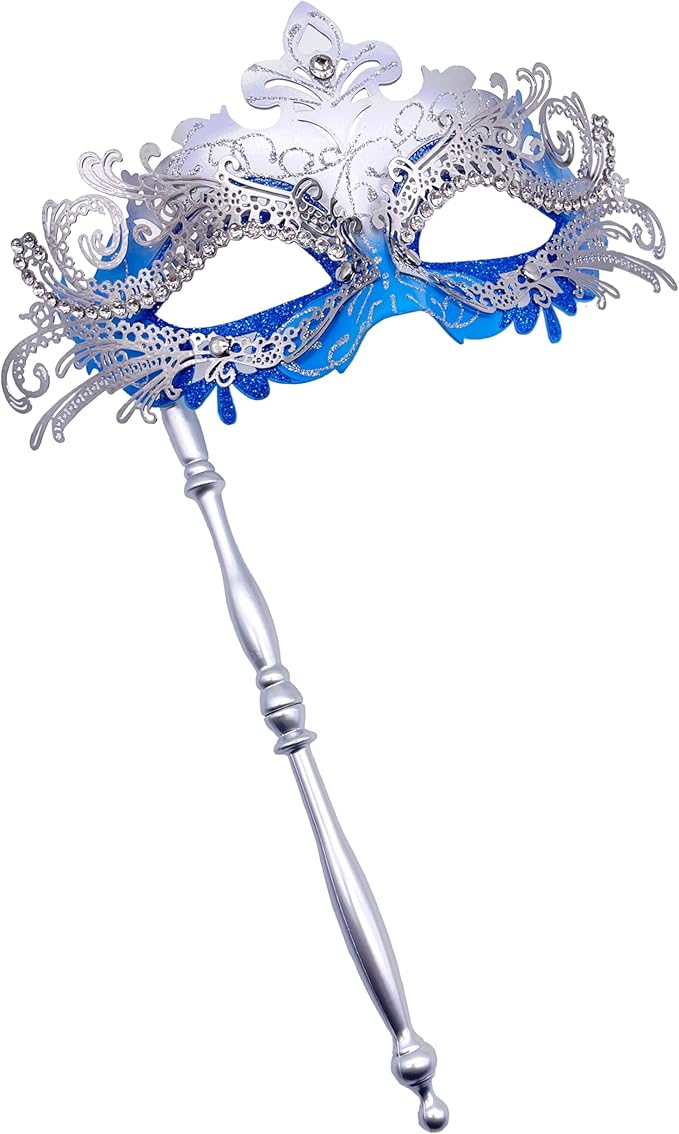 Masquerade Mask With Stick Blue+sliver