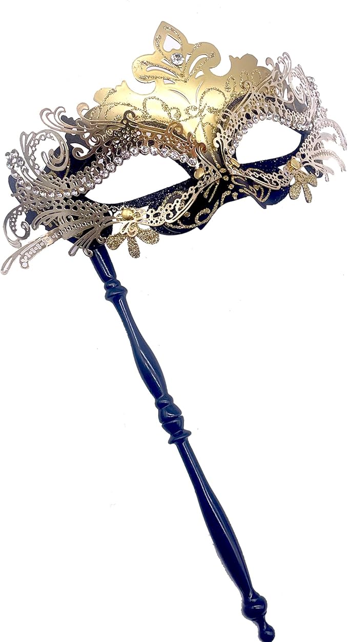 Masquerade Mask With Stick Black+gold