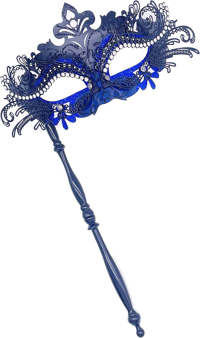 Masquerade Mask With Stick Black+blue