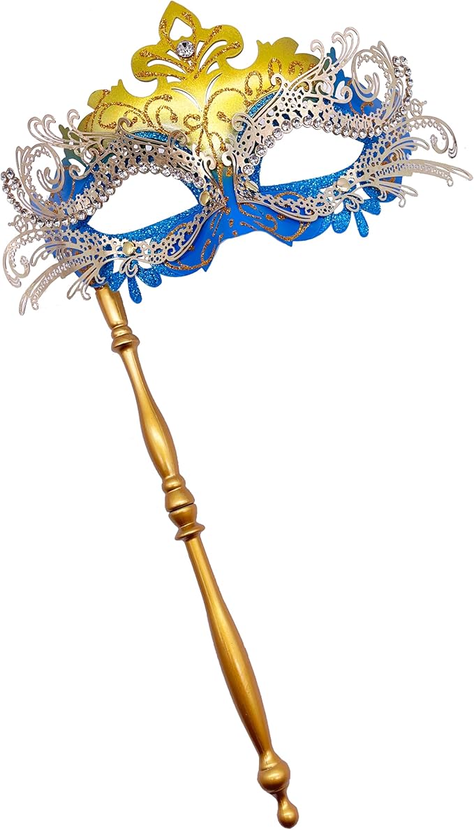 Masquerade Mask With Stick Blue+gold
