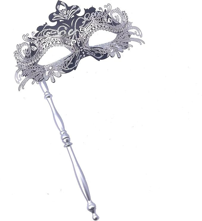 Masquerade Mask With Stick Black+sliver