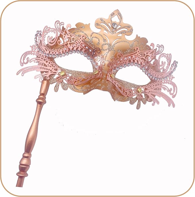 Masquerade Mask With Stick Rose Gold