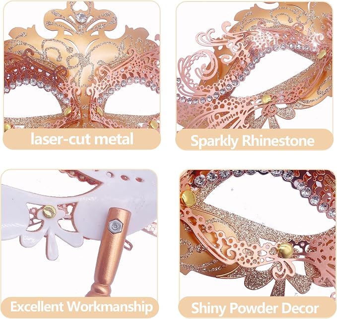 Masquerade Mask With Stick Rose Gold