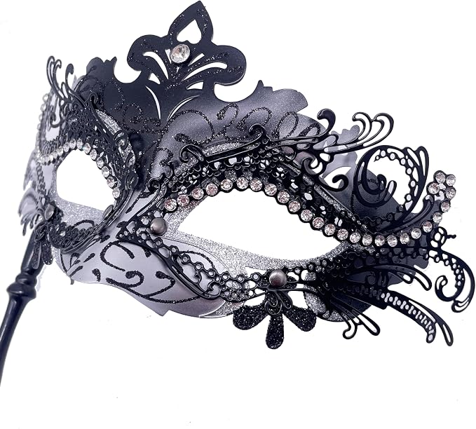 Masquerade Mask With Stick Sliver+black