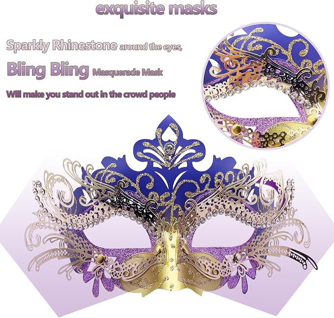 Masquerade Mask With Stick Gold+purple