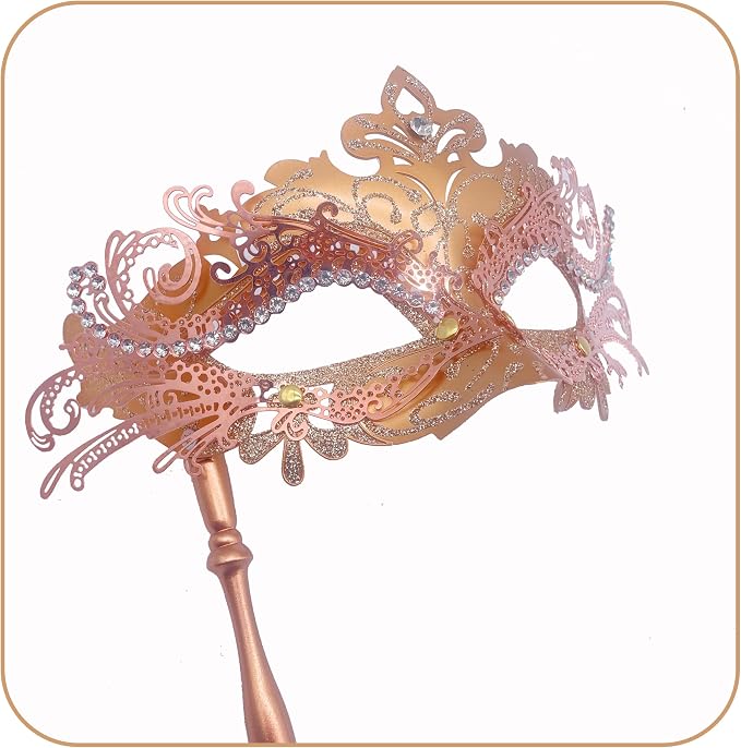 Masquerade Mask With Stick Rose Gold