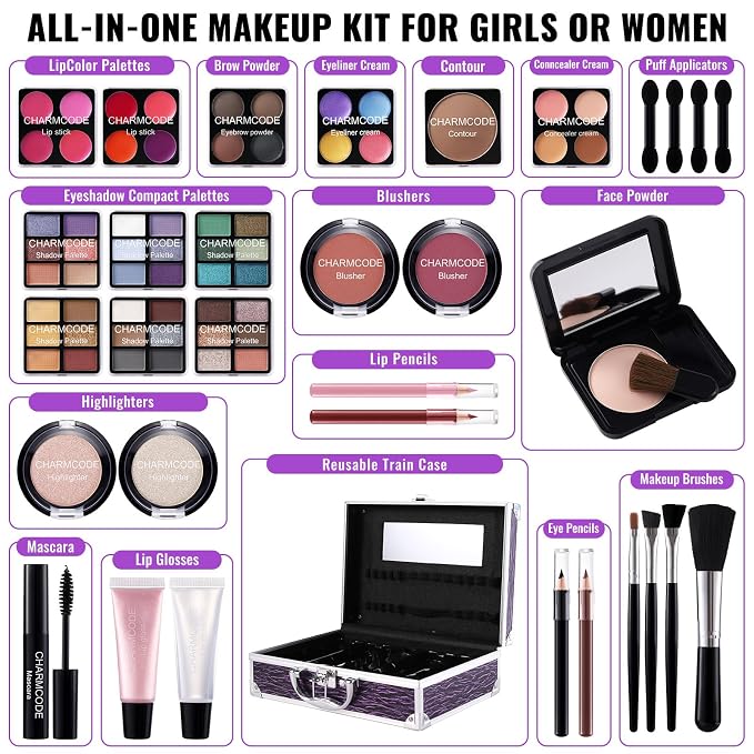 Purple Train Case with Makeup Kit