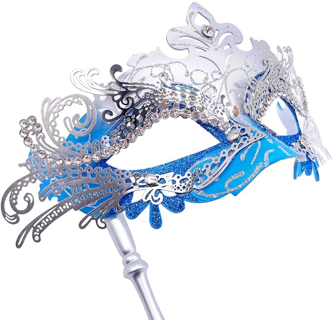 Masquerade Mask With Stick Blue+sliver
