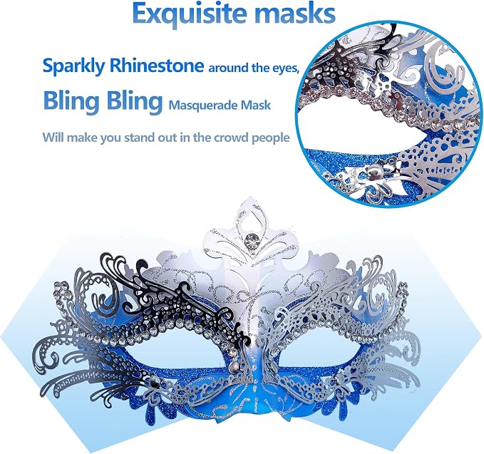 Masquerade Mask With Stick Blue+sliver