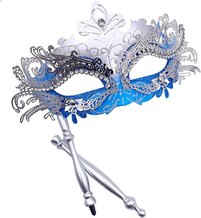 Masquerade Mask With Stick Blue+sliver