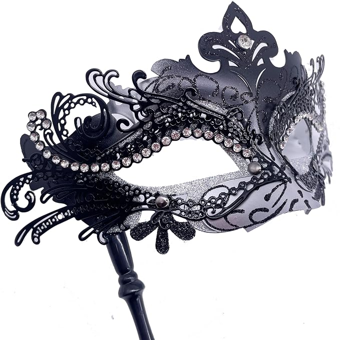 Masquerade Mask With Stick Sliver+black