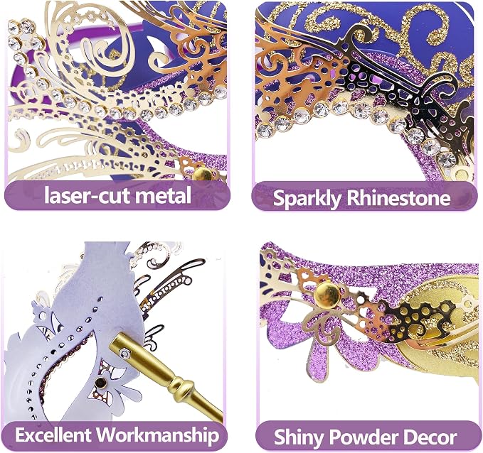 Masquerade Mask With Stick Gold+purple