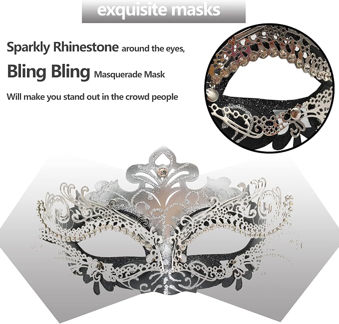 Masquerade Mask With Stick Black+sliver