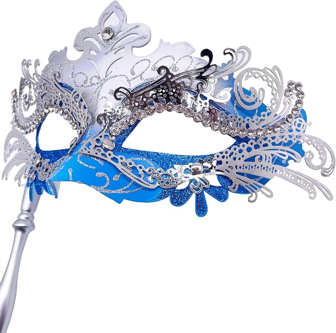 Masquerade Mask With Stick Blue+sliver