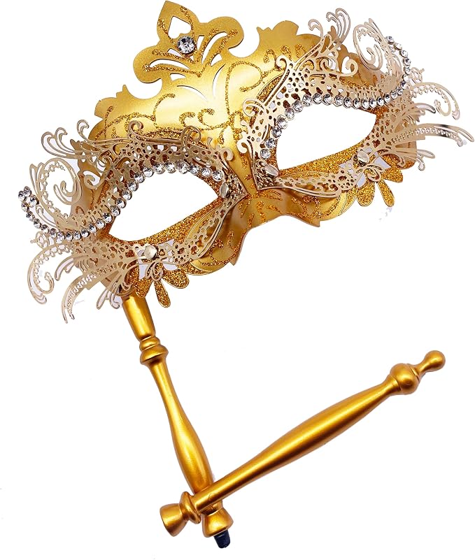 Masquerade Mask With Stick Gold