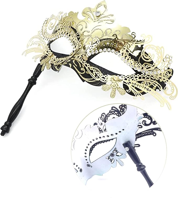 Masquerade Mask With Stick Black+gold