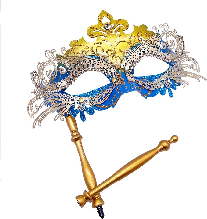 Masquerade Mask With Stick Blue+gold
