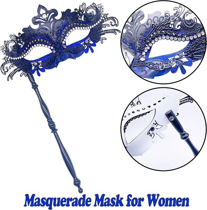 Masquerade Mask With Stick Black+blue