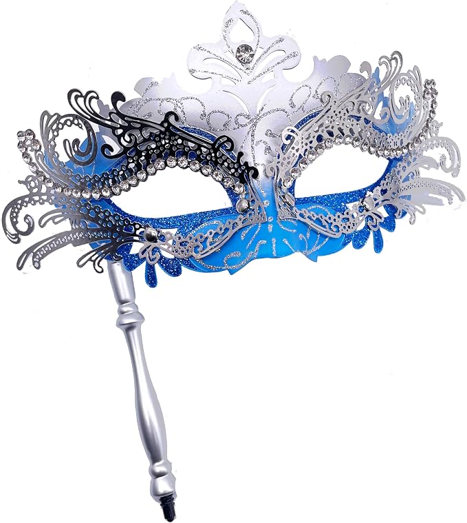 Masquerade Mask With Stick Blue+sliver