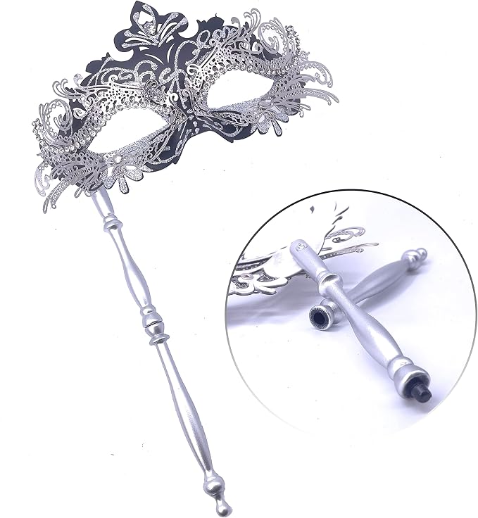 Masquerade Mask With Stick Black+sliver