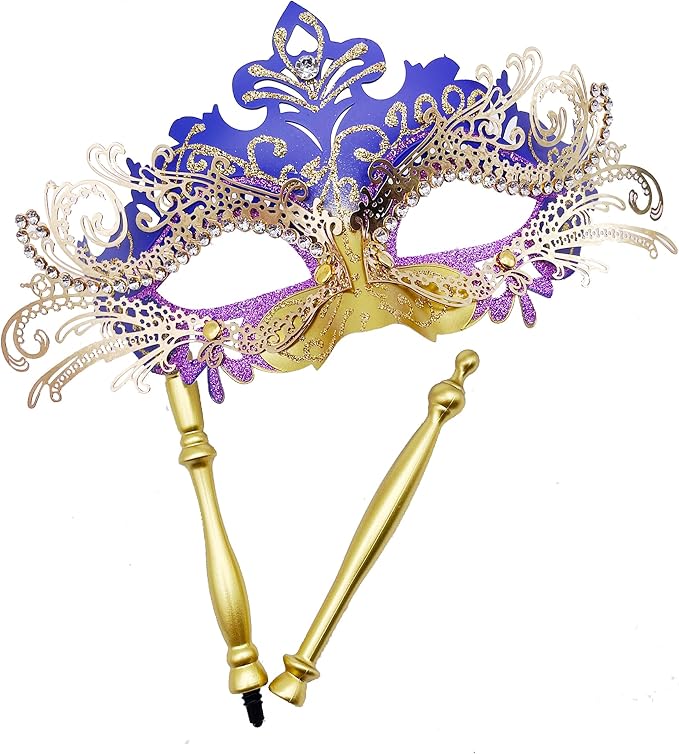 Masquerade Mask With Stick Gold+purple