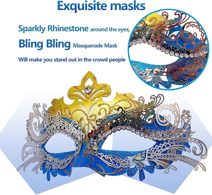 Masquerade Mask With Stick Blue+gold