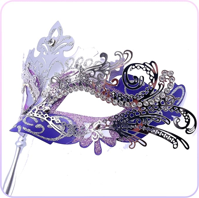Masquerade Mask With Stick Black+purple