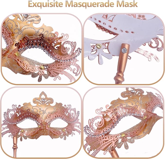 Masquerade Mask With Stick Rose Gold
