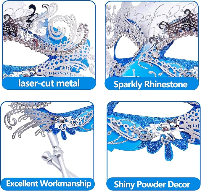 Masquerade Mask With Stick Blue+sliver