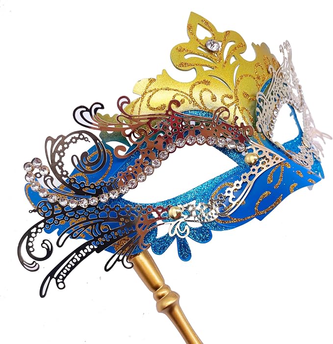 Masquerade Mask With Stick Blue+gold