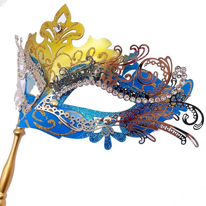Masquerade Mask With Stick Blue+gold