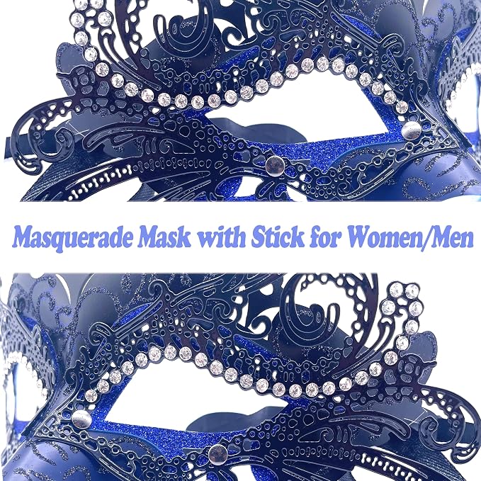 Masquerade Mask With Stick Black+blue